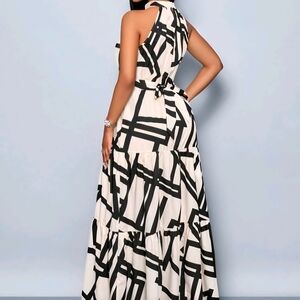 Elegant Black and White Geometric Maxi Dress